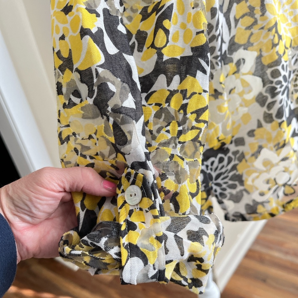 Ruby Rd. Floral Blouse in Yellow and Gray, sheer, long sleeve, front buttons - Picture 2 of 14